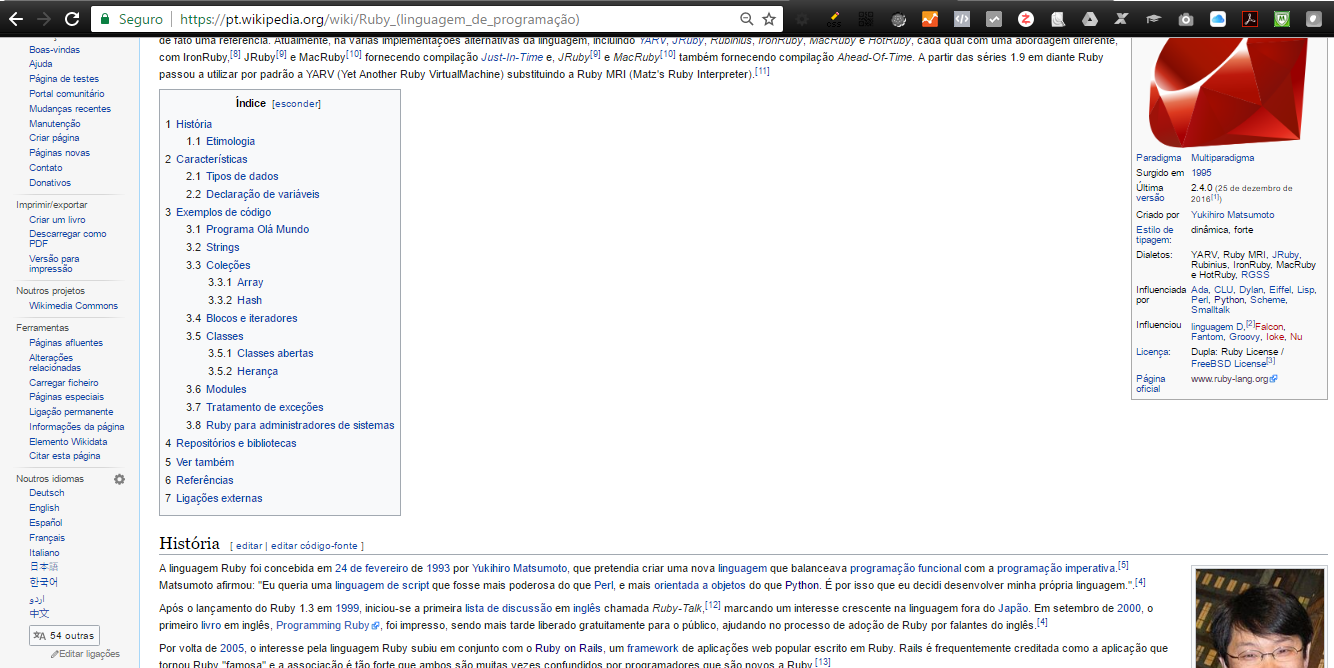Wikipedia, artigo sobre a Linguagem de Programação Ruby, disponível em vários idiomas